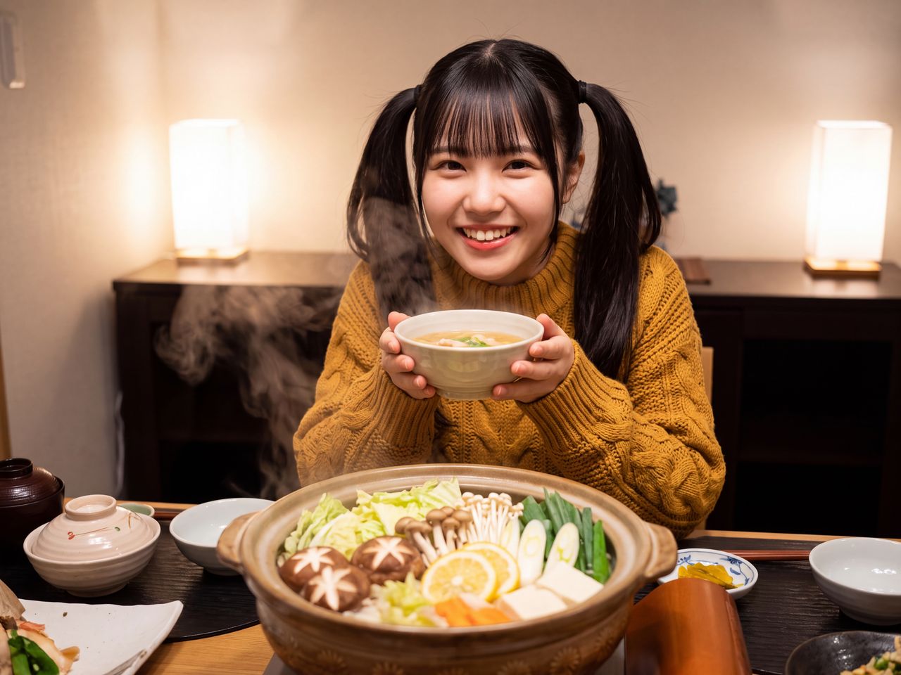 熱々の秋野菜鍋をお椀によそって湯気の中で満面の笑顔を見せる葉月柚子