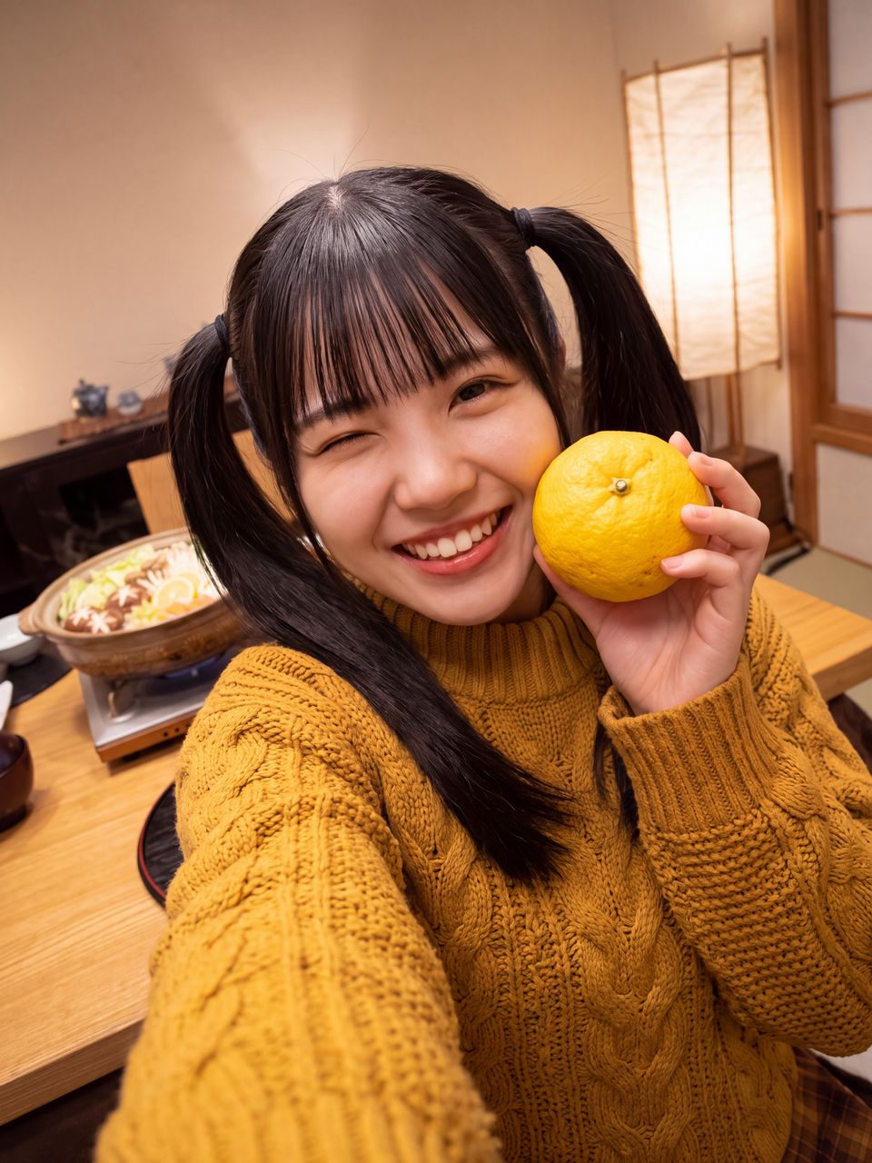 片手に黄色い柚子を持ってほっぺに近づけ、満面の笑顔でウインクする葉月柚子の自撮り
