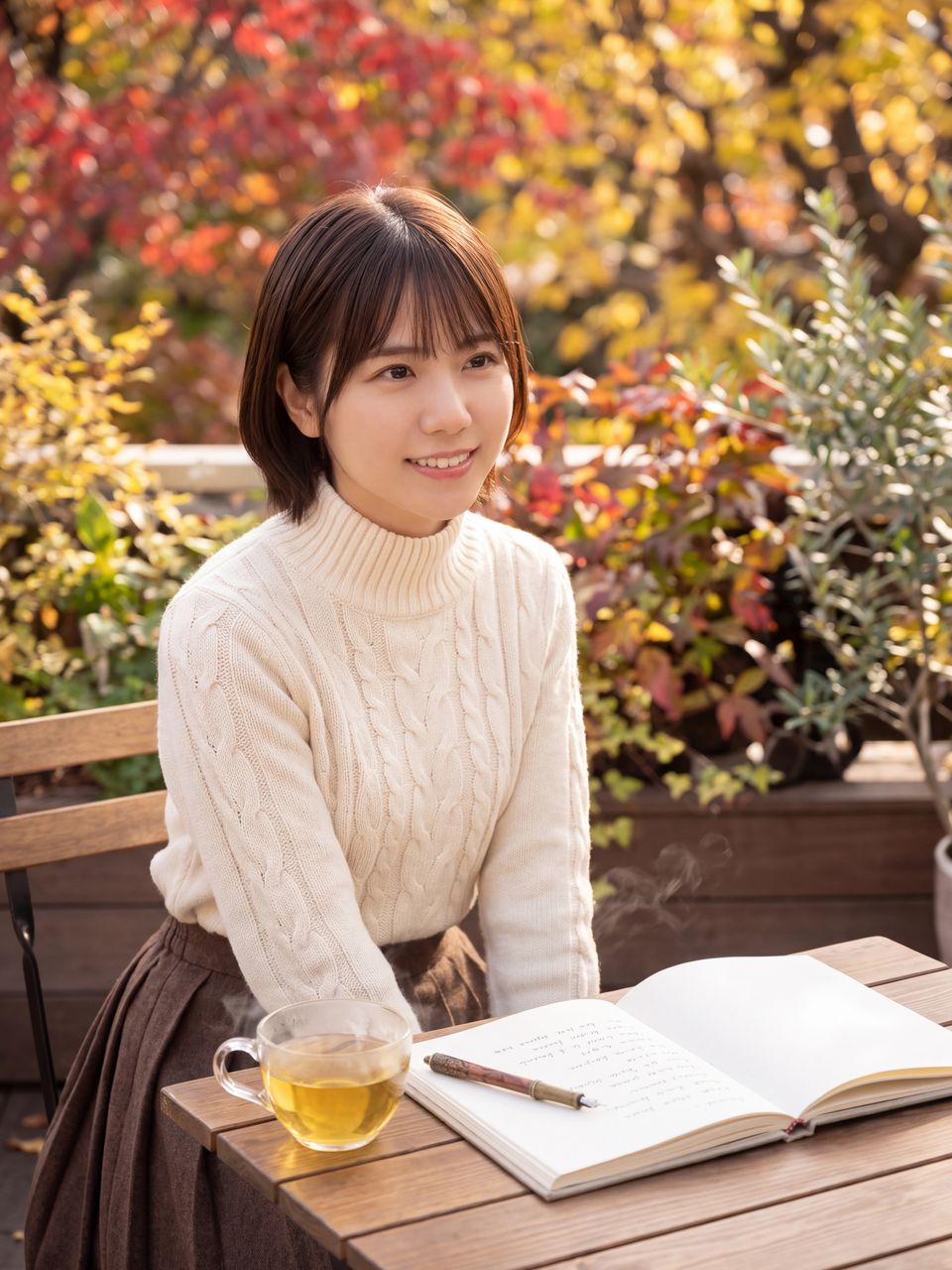 秋の柔らかな木漏れ日が差し込むテラスカフェのテーブル席でハーブティーと開かれた作詞ノートを前に穏やかに微笑む天音かなで