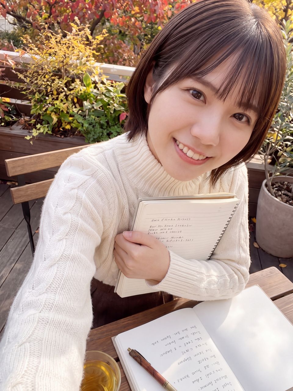 カフェテラス席で作詞ノートを胸元で両手で大切に抱えて満面の笑みで微笑む天音かなでの自撮り写真